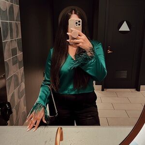 Wayf emerald green feather crop top